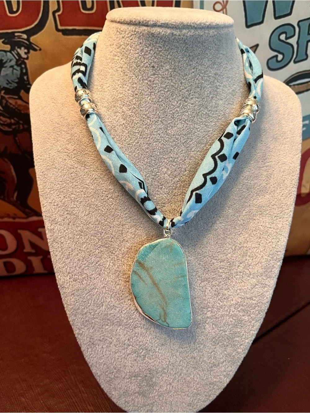 Handmade Sky Blue Turquoise Pendant Necklace, Boho Style